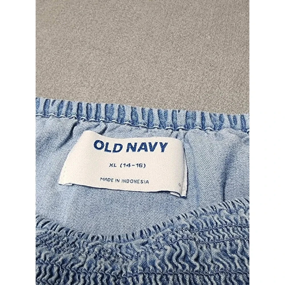 Old Navy Girls Blue Smocked Denim Look Fit & Flare Dress XL 14-16 Light Wash